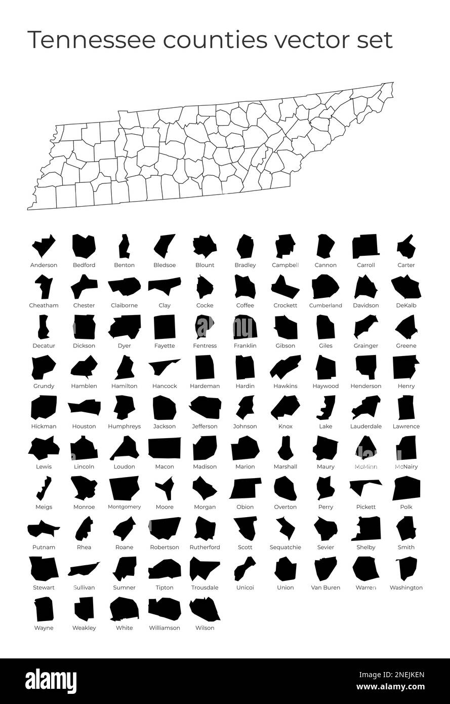 Carte du Tennessee avec formes de régions. Carte vectorielle vierge de l'État des États-Unis avec comtés. Frontières de l'état américain pour votre infographie. Illustrateur de vecteur Illustration de Vecteur