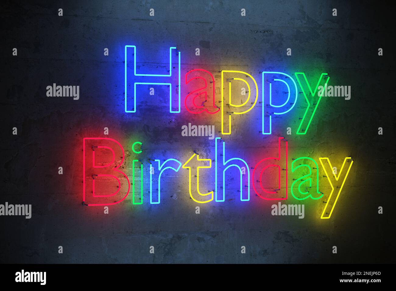 Le texte « Happy Birthday » dans des tubes de couleur différente sur un mur en béton. Banque D'Images