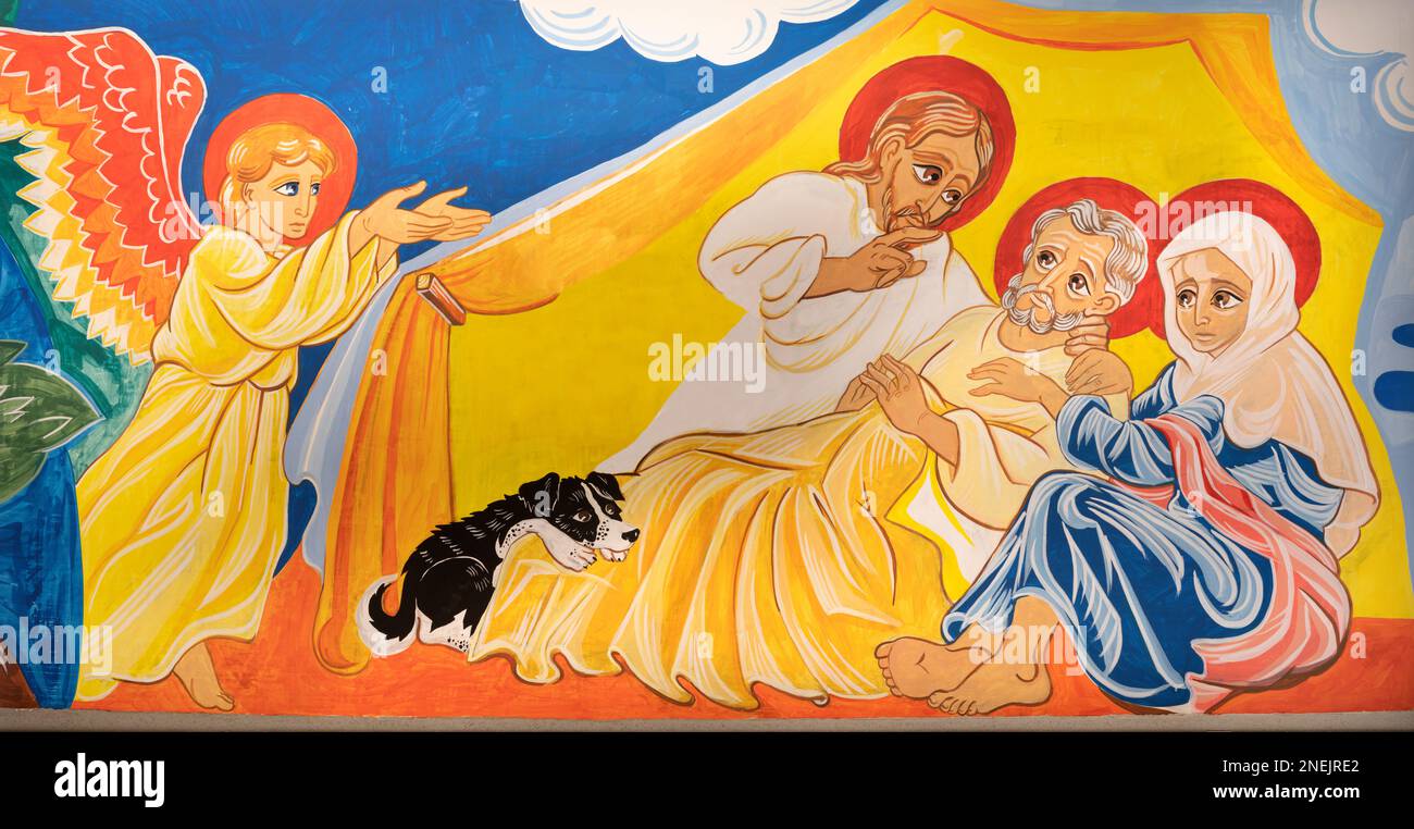 FORLÍ, ITALIE - 11 NOVEMBRE 2021 : la fresque moderne de la mort de Saint Joseph dans l'église Chiesa di San Giuseppe Artigiano par Franco Vignazia (2019). Banque D'Images