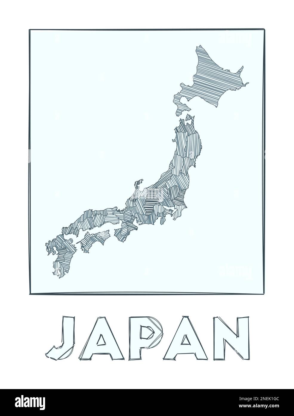 Croquis carte du Japon. Carte dessinée à la main en niveaux de gris du pays. Zones remplies de rayures hachurées. Illustration vectorielle. Illustration de Vecteur