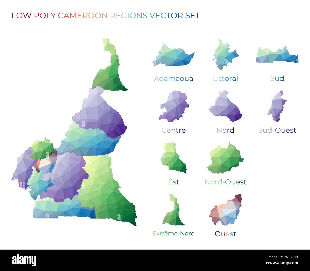 Régions de faible poly camerounaise. Carte polygonale du Cameroun avec les régions. Cartes géométriques pour votre conception. Illustration vectorielle nette. Illustration de Vecteur