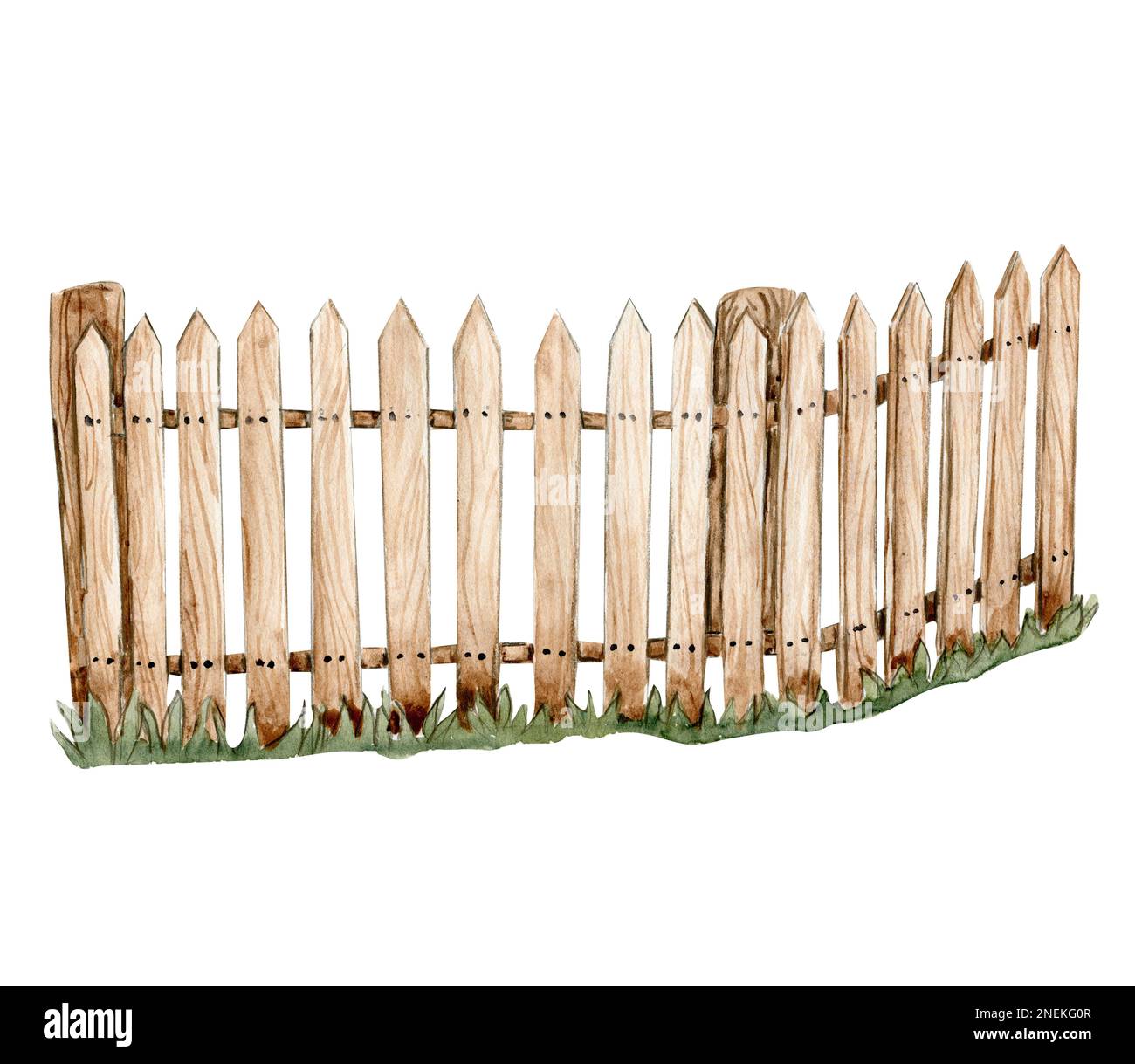 Clôture en bois dessinée à la main aquarelle avec herbe verte. Jolie illustration peinte à la main pour cartes de vœux, imprimés, souvenirs, cartes postales. Illustration Banque D'Images