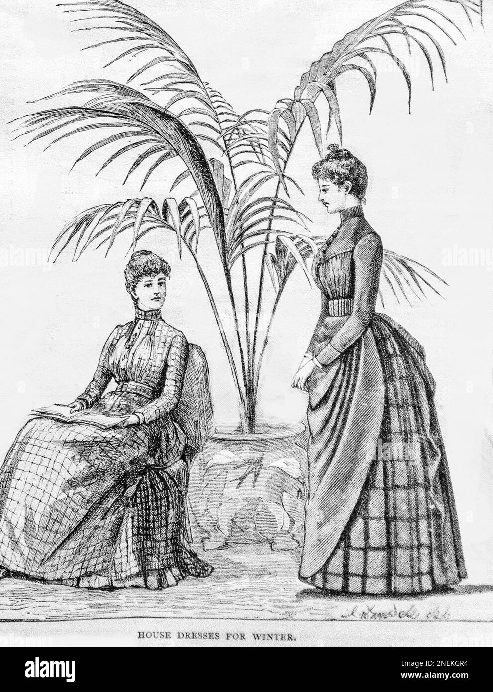 Un croquis de 19th siècle de deux jeunes femmes habillées à la mode, intitulé «robes de maison pour l'hiver» du Livre des filles de 1887. Banque D'Images