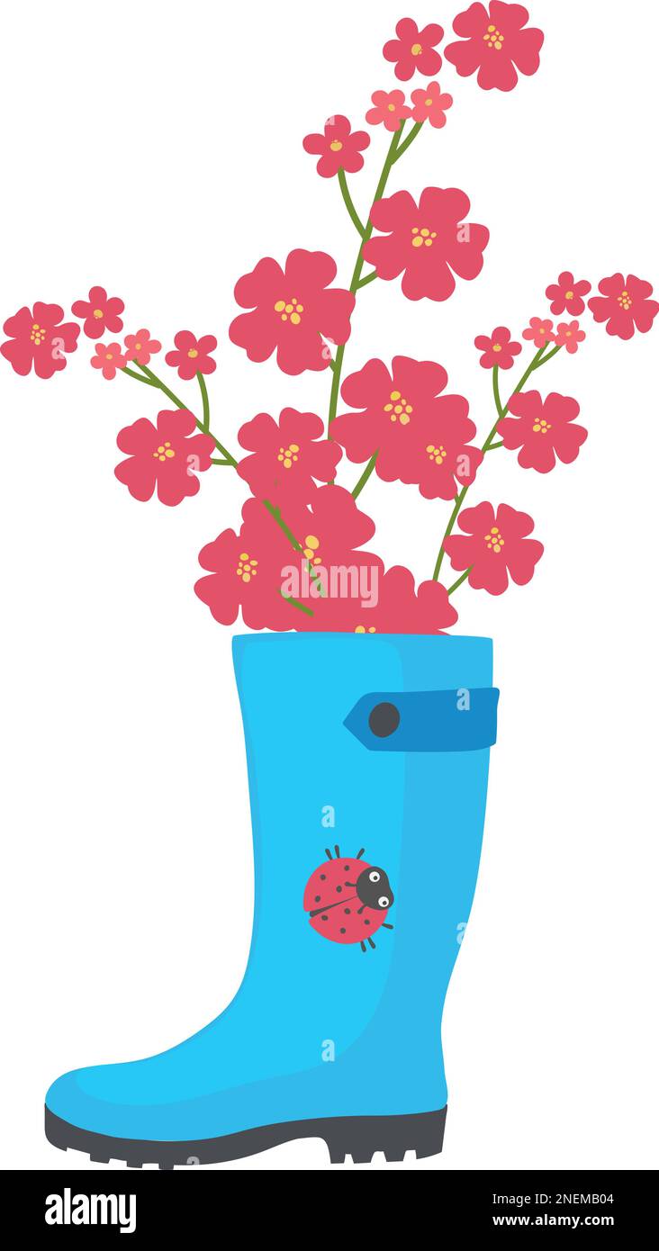 botte en caoutchouc bleu avec fleurs rouges et coccinelle Illustration de Vecteur