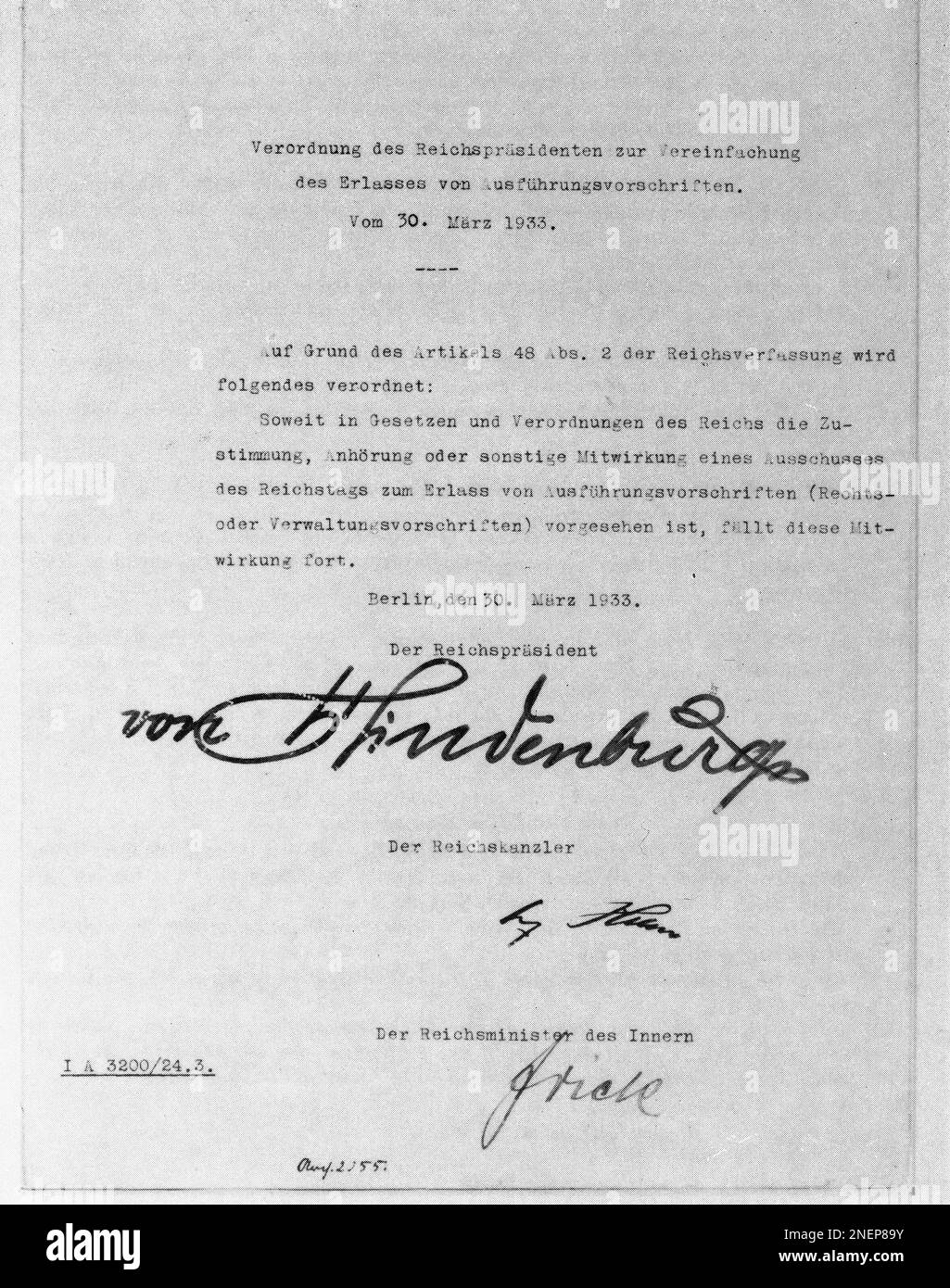 This letter dated March 30, 1933 and signed by German President Paul Von Hindenburg, Chancellor Adolf Hitler, and Interior Minister Wilhelm Frick, removed the right of the Reichstag to review acts of Hitler?s government. The letter was put on display on June 9, 1974. It will be sold at auction on Tuesday, June 11, 1974 in New York by Harry J. Sonneborn, retired head of the McDonald?s Hamburger chain. (AP Photo) Banque D'Images