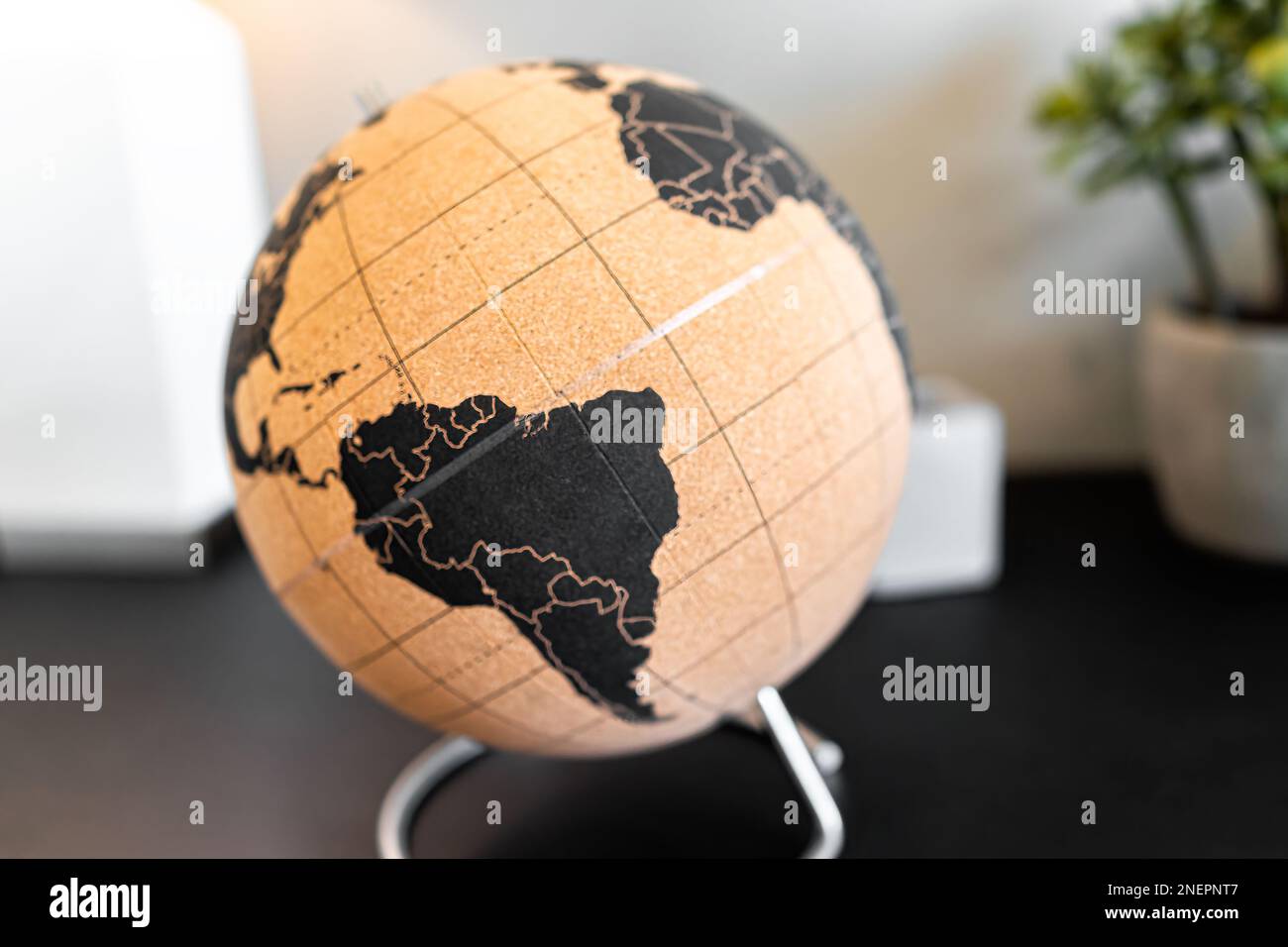 Carte du monde moderne ou rétro brun avec équateur et continent d'Amérique du Sud comme décoration de bureau à domicile et plante en arrière-plan Banque D'Images