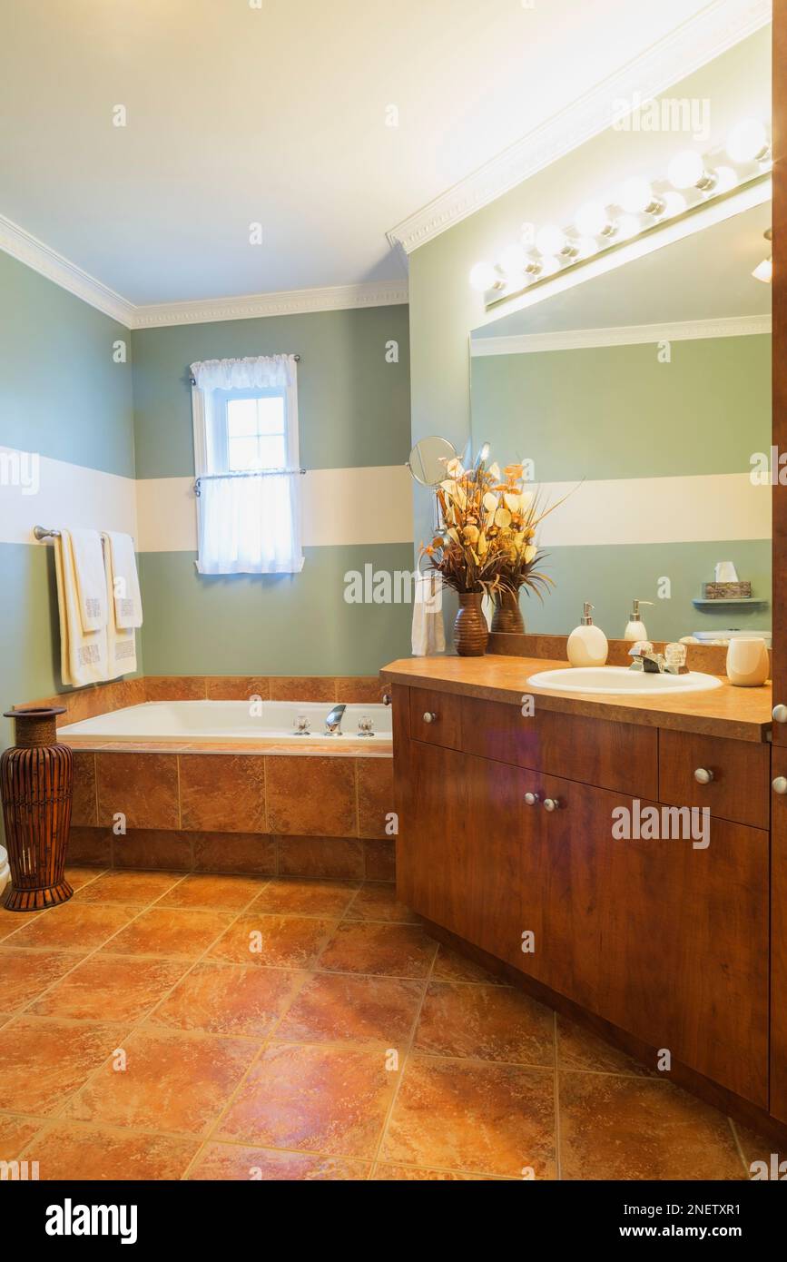 Meuble-lavabo en mélamine de couleur rouille avec comptoir stratifié et  baignoire encastrée dans la salle de bains à l'étage avec carrelage en  céramique et grand miroir Photo Stock - Alamy
