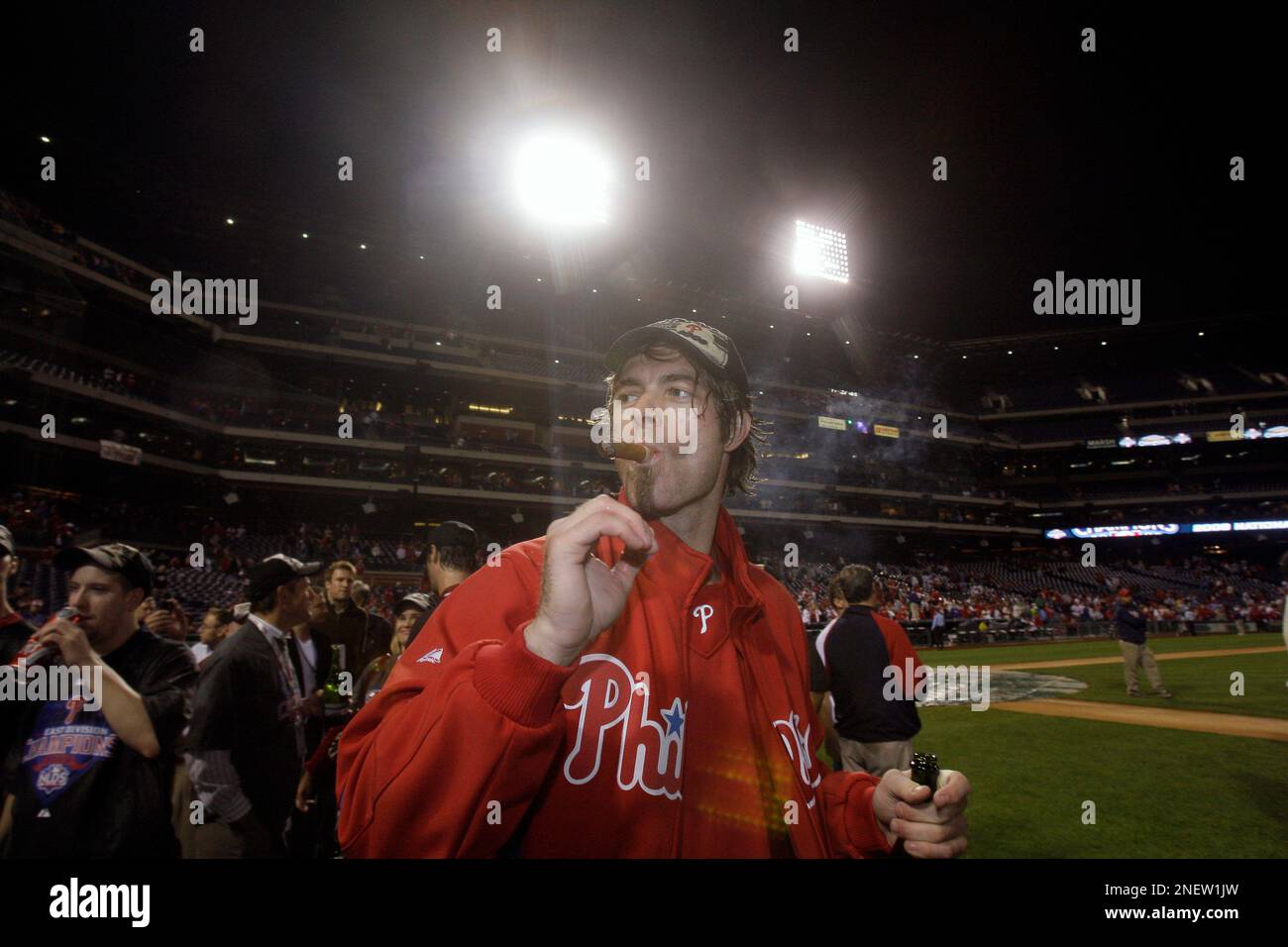 Philadelphia Phillies Chan Ho Park Jayson Werth smokes a cigar to celebrate  the Phillies 10-4 victory over the Los Angeles Dodgers in Game 5 of the  NLCS at Citizens Bank Park, Wednesday