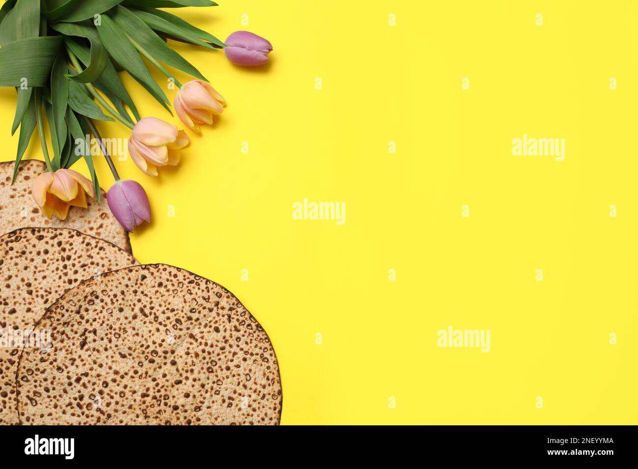 Savoureux matzos et fleurs fraîches sur fond jaune, plat avec espace pour le texte. Fête de la Pâque (Pesach) Banque D'Images