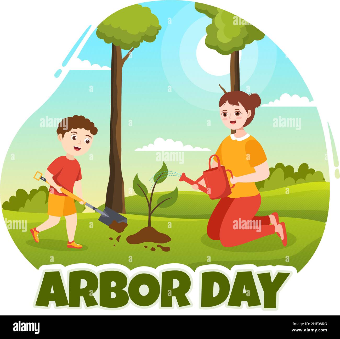 Happy Arbor Day on 28 avril Illustration avec des enfants planter un arbre et un environnement naturel dans un crachoir plat dessiné à la main pour les modèles de page d'arrivée Illustration de Vecteur