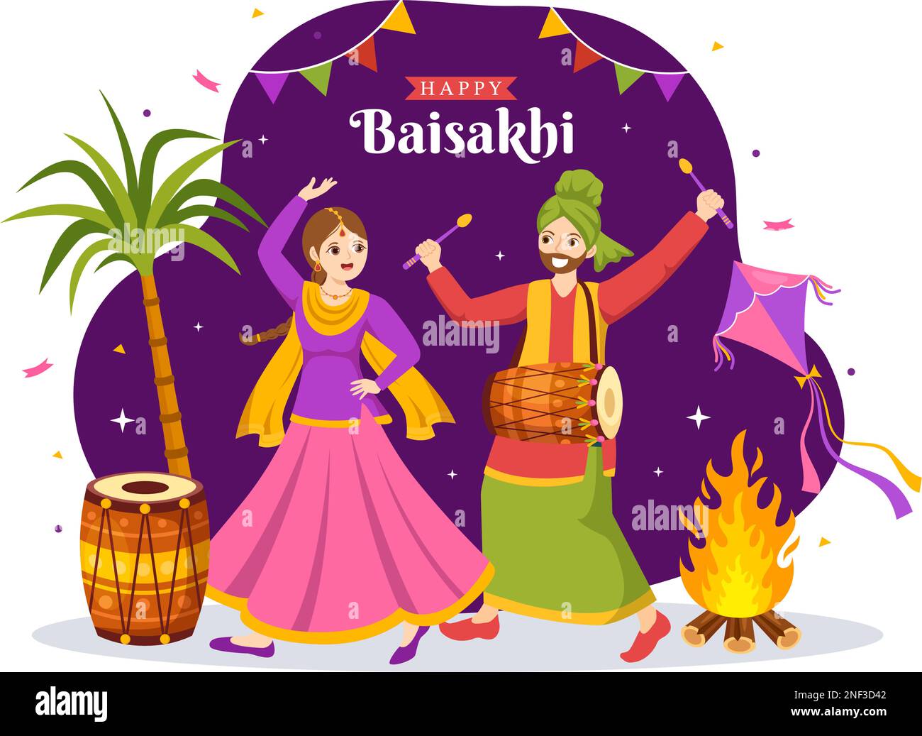 Happy Baisakhi Illustration avec Vaisakhi Punjabi Spring Harvest Festival of Sikh célébration dans Flat Cartoon dessiné à la main pour Landing page Templates Illustration de Vecteur