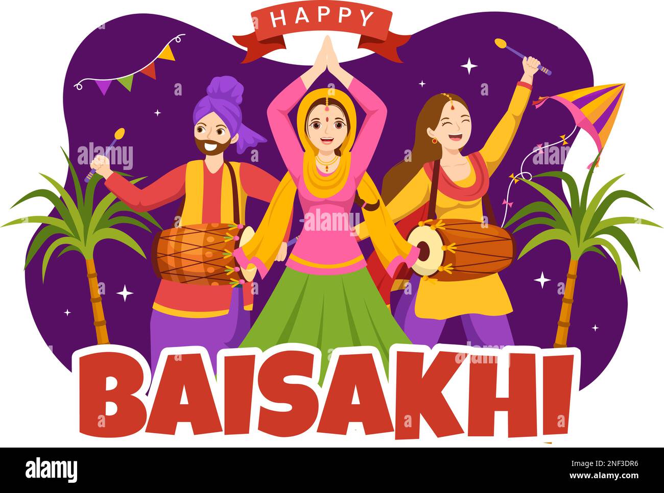 Happy Baisakhi Illustration avec Vaisakhi Punjabi Spring Harvest Festival of Sikh célébration dans Flat Cartoon dessiné à la main pour Landing page Templates Illustration de Vecteur