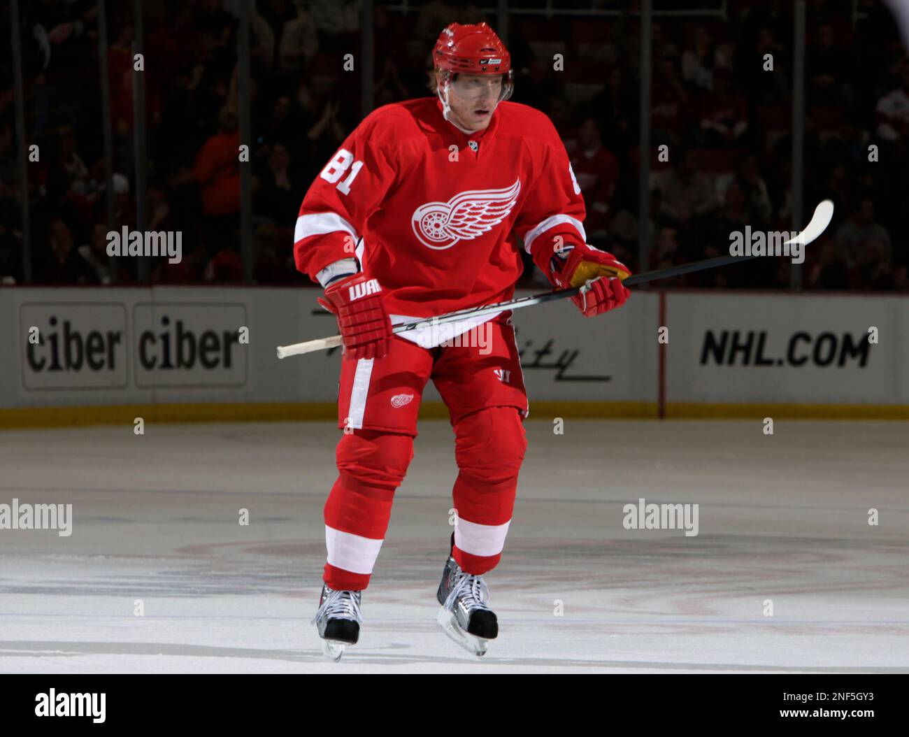 Detroit Red Wings forward Marian Hossa of Slovakia skates against the New York Islanders in the first period of an NHL hockey game in Detroit, Friday March 27, 2009. (AP Photo/Paul Sancya) Banque D'Images