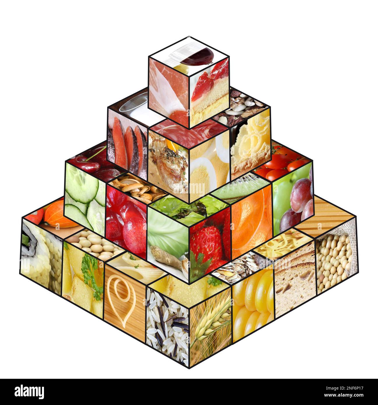 Pyramide alimentaire affichant une alimentation saine: Céréales, fruits et légumes comme bases; moins de gras, doux et alcool Banque D'Images