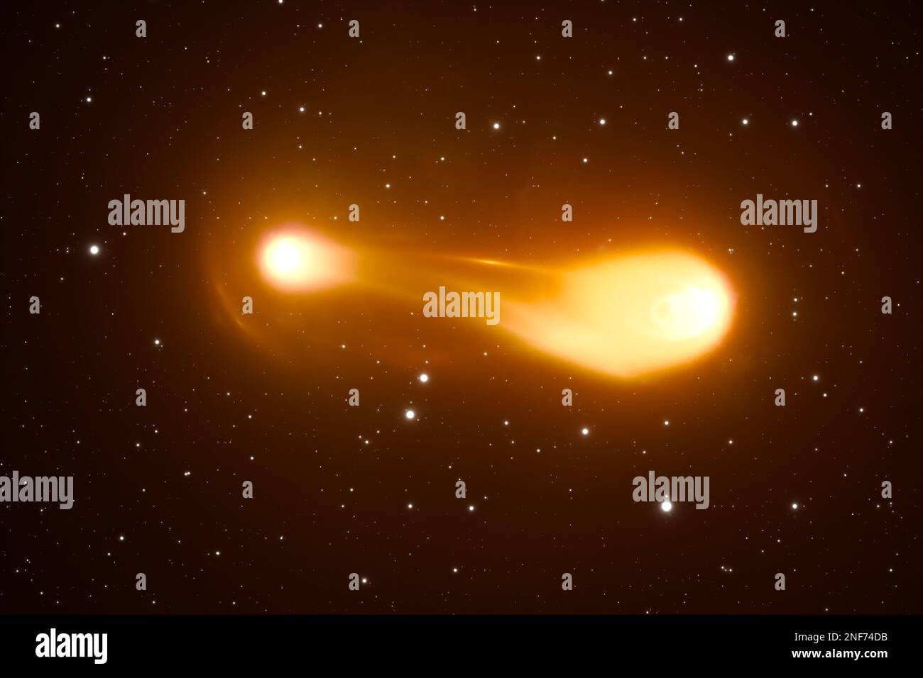 La paire d'étoiles se trouve sur un parcours de collision en spirale. Fusion de deux étoiles. 3D Illustration Banque D'Images