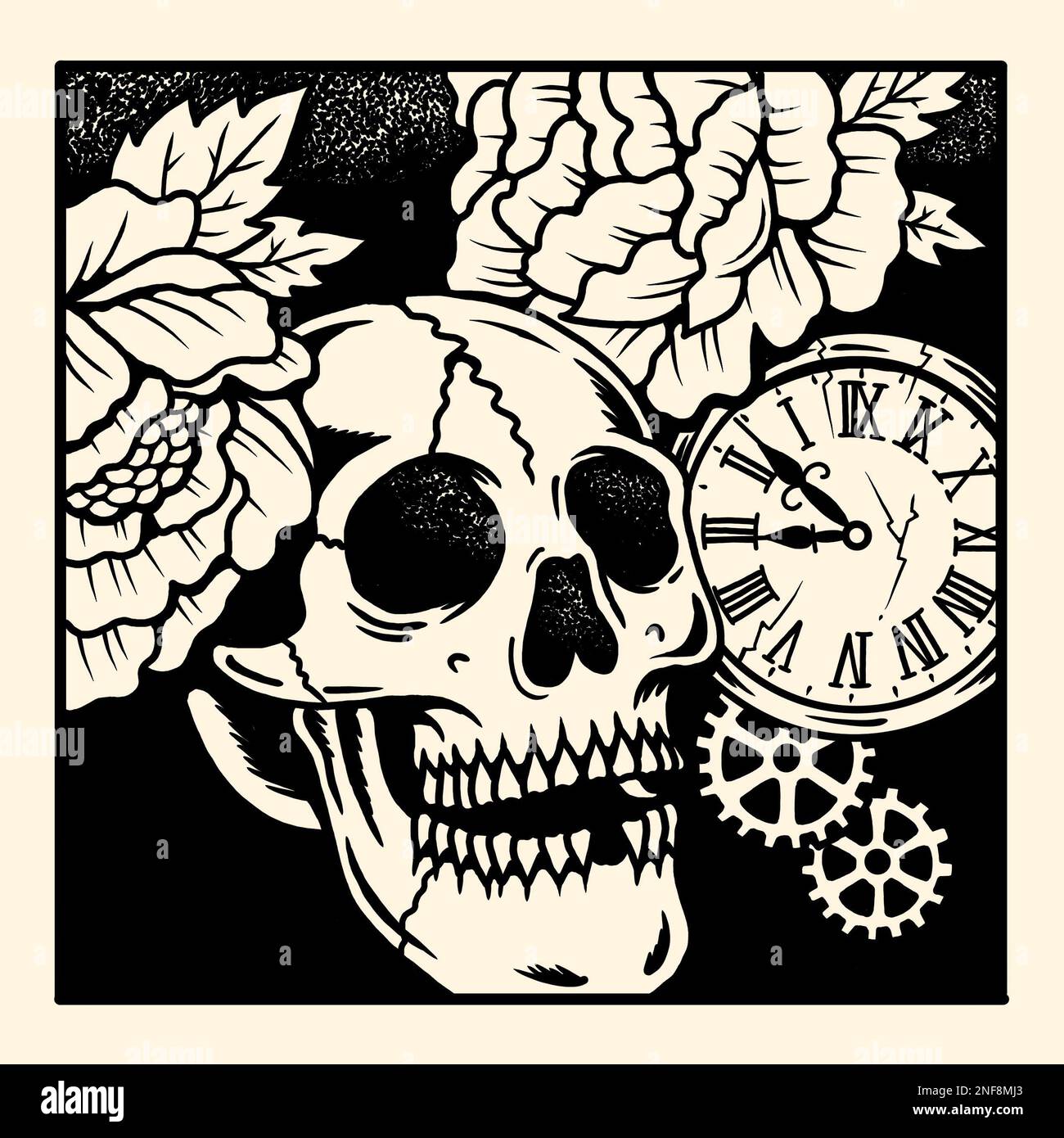 Old School traditionnel tatouage inspiré cool design graphique illustration memento mori crâne avec horloge et roses en noir et blanc Banque D'Images