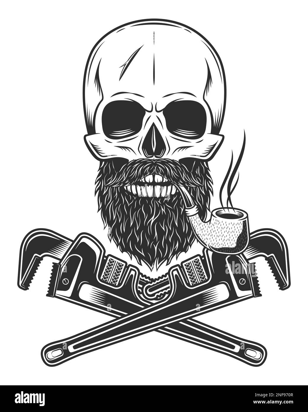 Tuyau de fumée de crâne avec moustache et barbe avec clé de construction pour tuyau de gaz et de construction de plomberie ou outil de réparation de clé mécanique d'atelier de carrosserie Illustration de Vecteur