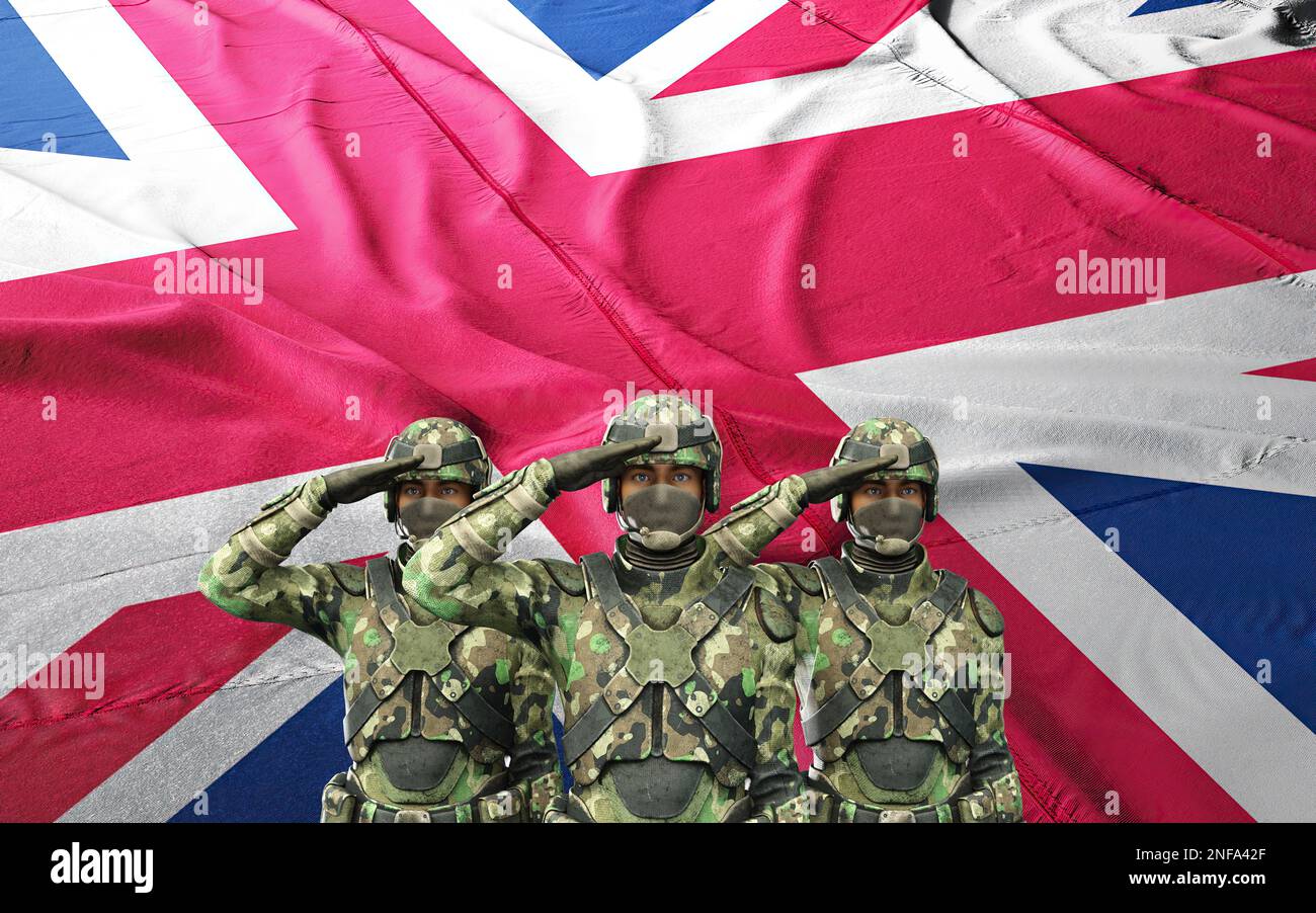 3D Illustration d'un soldat de l'armée britannique avec drapeau de la nation. Carte de vœux pour la fête des anciens combattants, le jour du souvenir et le jour de l'indépendance. Célébration au royaume-Uni. Banque D'Images