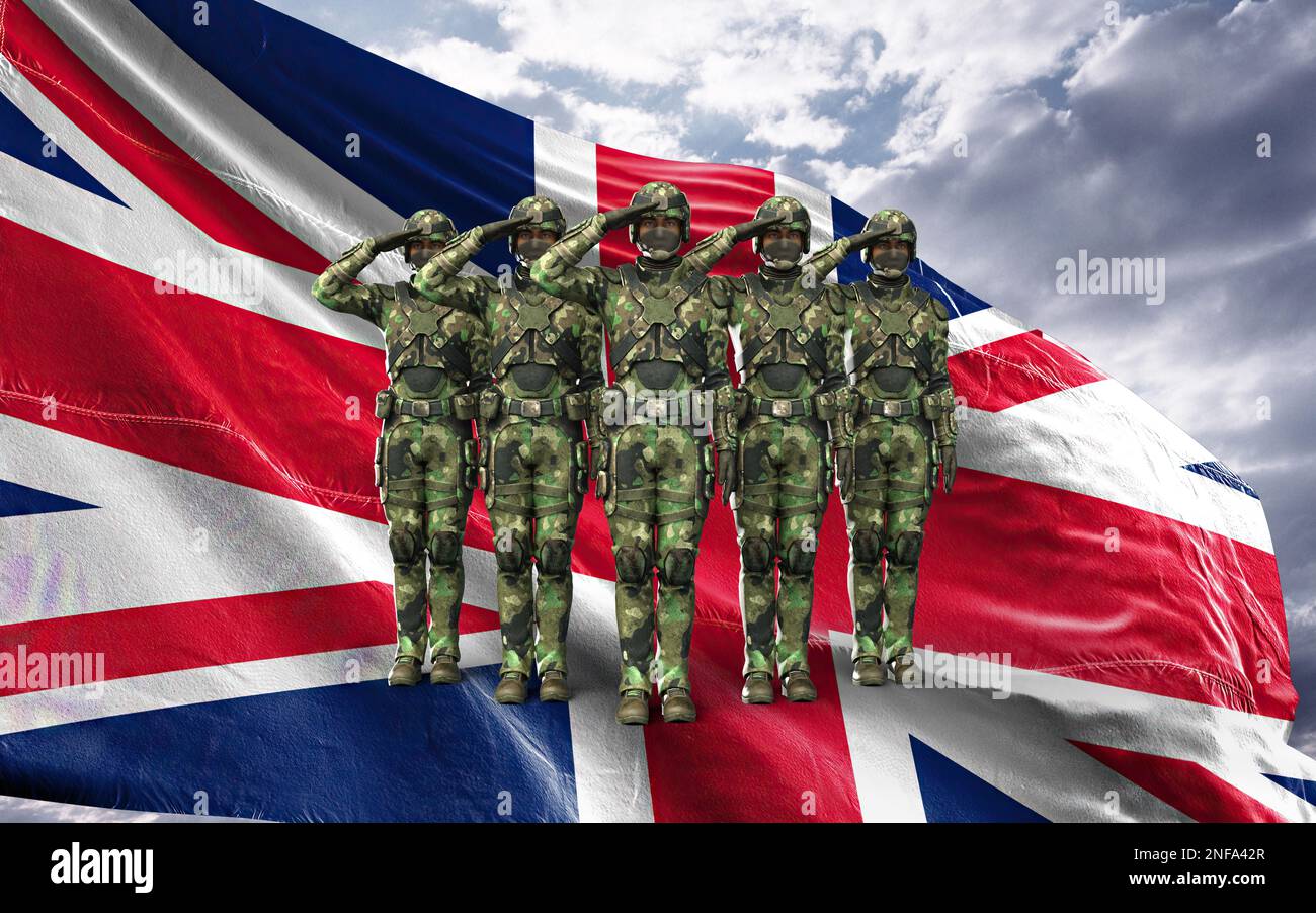3D Illustration d'un soldat de l'armée britannique avec drapeau de la nation. Carte de vœux pour la fête des anciens combattants, le jour du souvenir et le jour de l'indépendance. Célébration au royaume-Uni. Banque D'Images