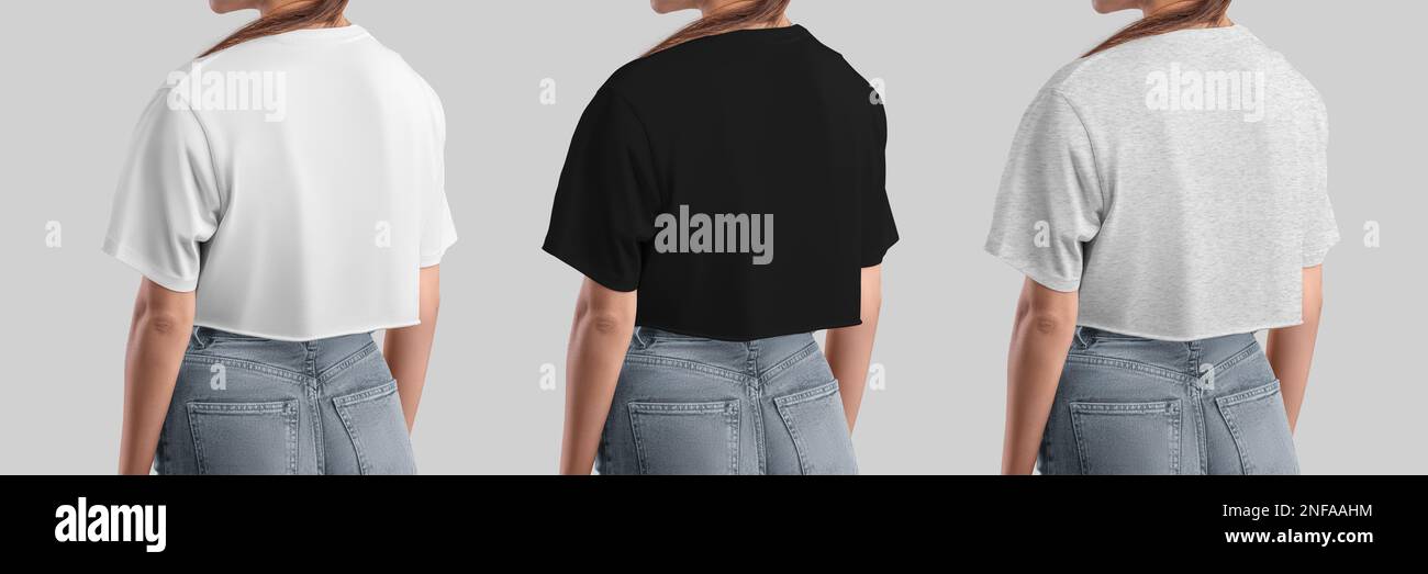 Maquette d'un t-shirt blanc, noir, chiné court pour une fille, chemise pour le design, la publicité, vue arrière. Modèle de brassière tendance, vêtements texturés Banque D'Images