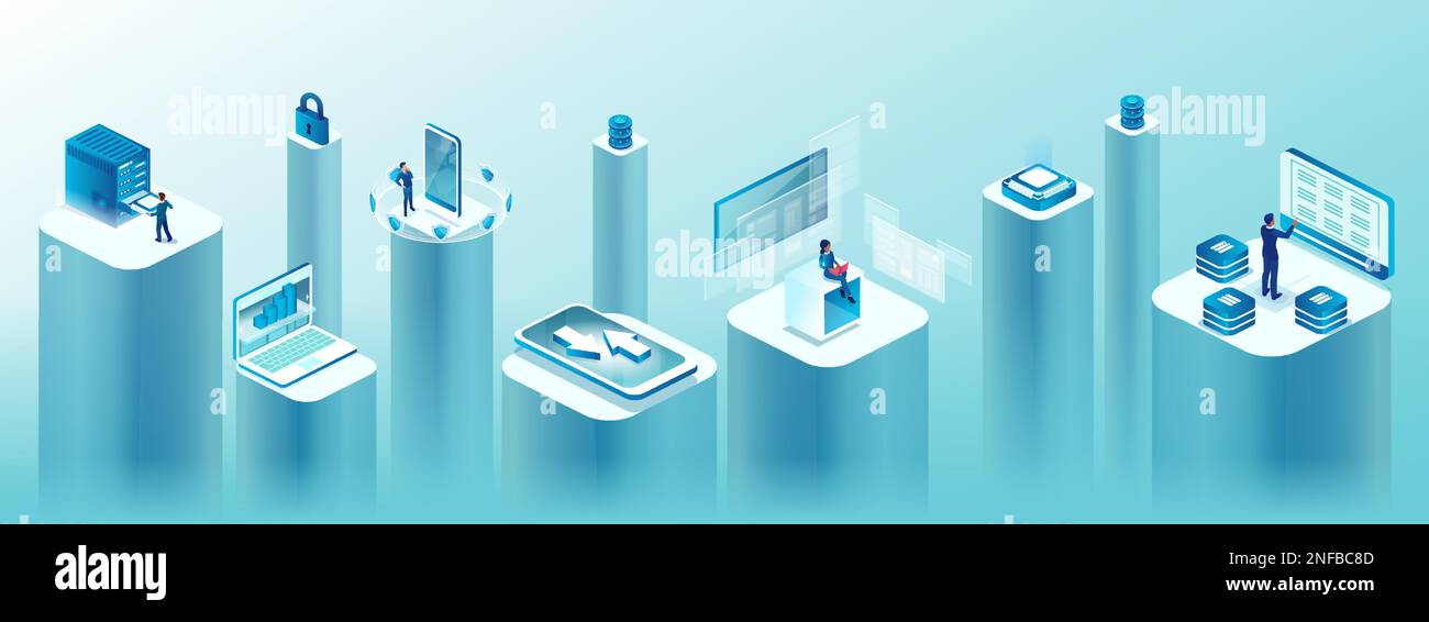 Vecteur isométrique de la technologie numérique, de l'analyse des Big Data et du réseau sécurisé par ordinateur Illustration de Vecteur