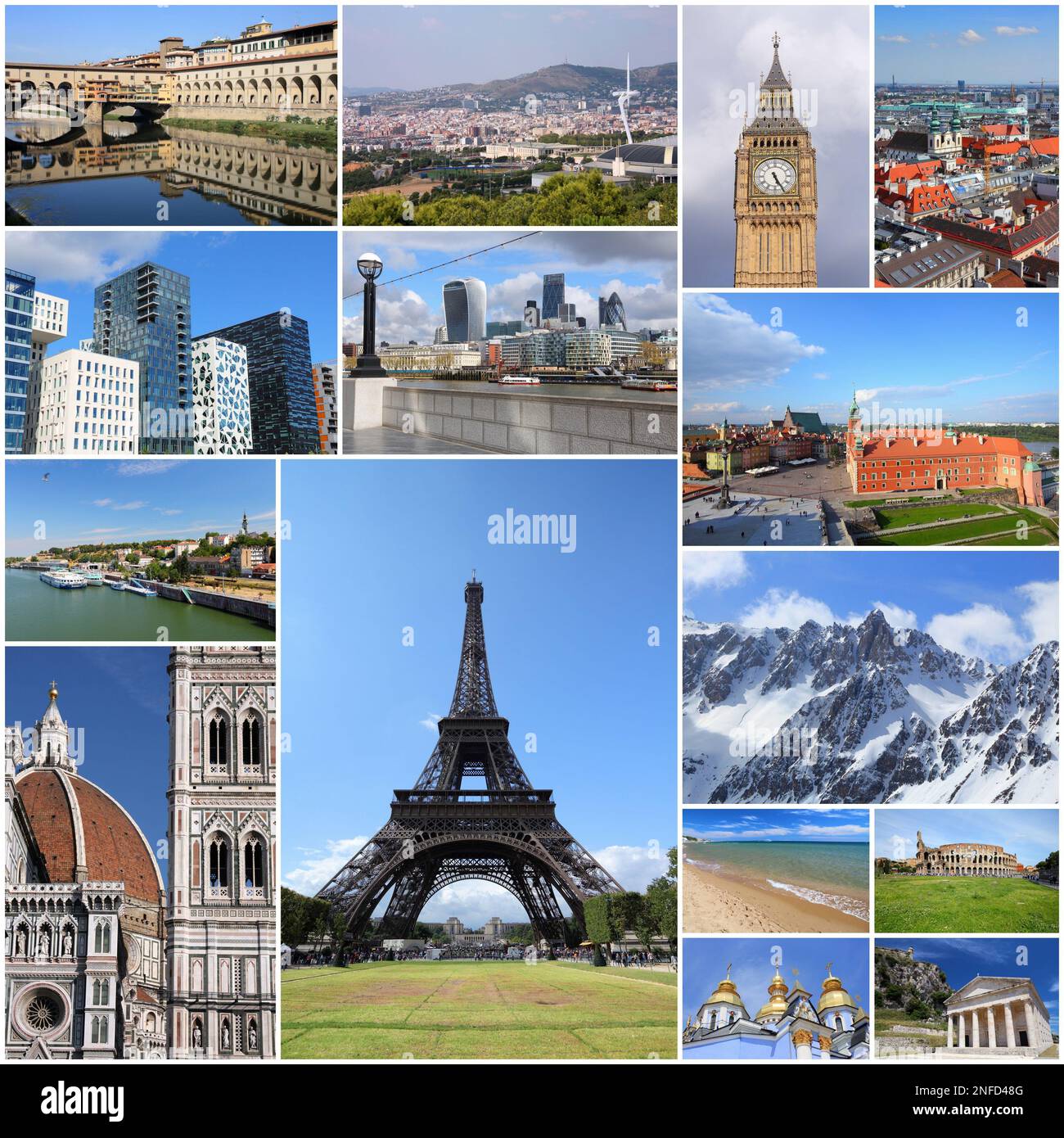 Sites touristiques européens - sites touristiques de collage incluant Londres, Oslo, Paris, Rome, Florence, Vienne, Belgrade, Kiev, Grèce et Alpes. Banque D'Images