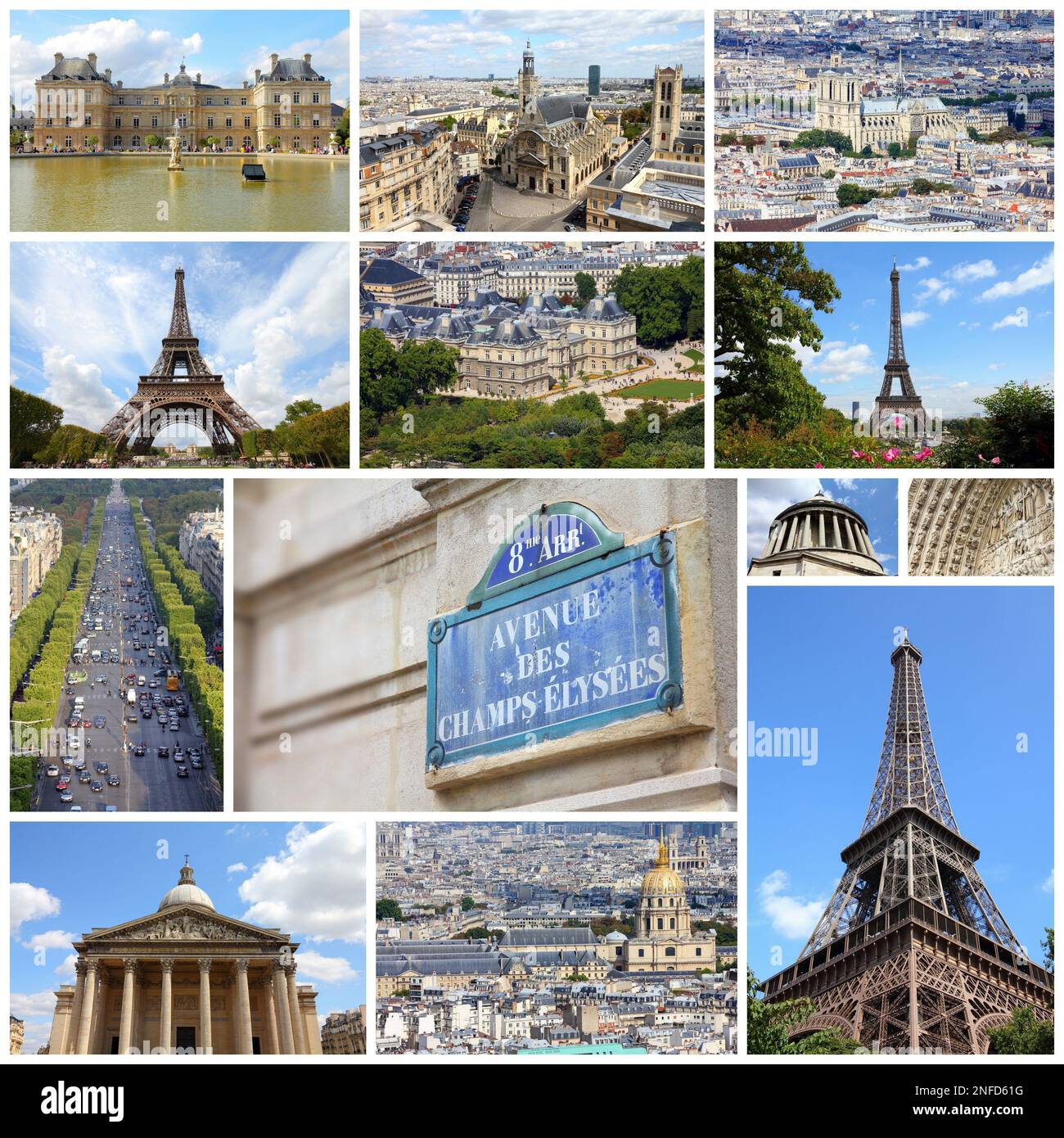 Paris, France - Voyage photo collage avec le Panthéon, Palais du Luxembourg et la Tour Eiffel. Banque D'Images