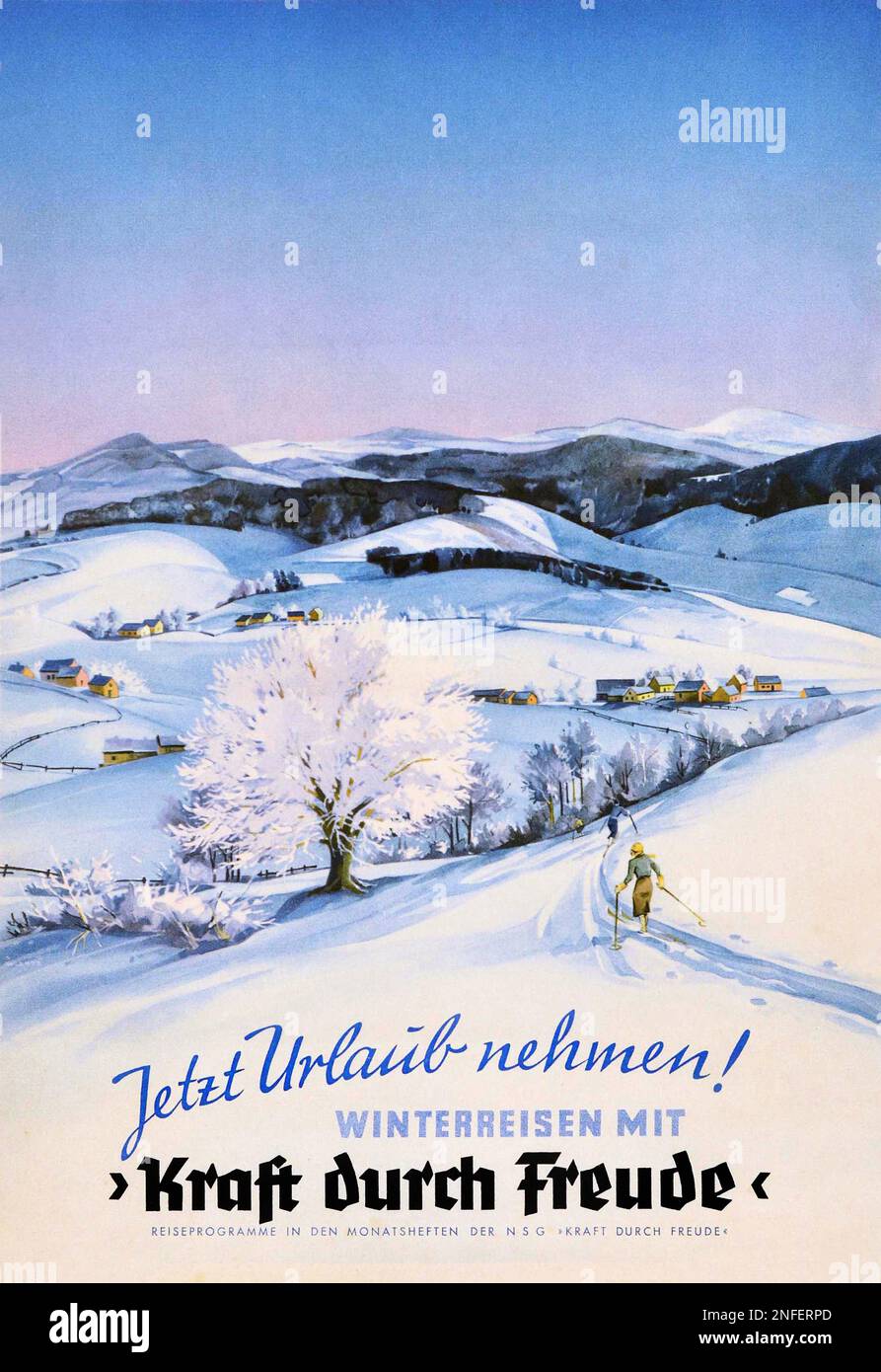 Affiche des sports d'hiver vintage 1930s - Voyages d'hiver avec / force par la joie. Bühlbachstädter / Kraft durch Freude Banque D'Images