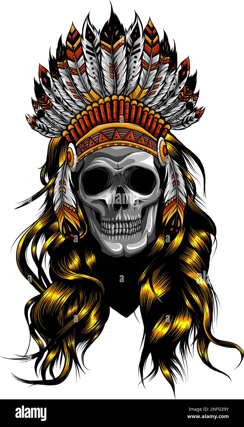 Le dessin animé de la tête de crâne d'argent effrayant utilisant le chapeau indien pour l'inspiration mascotte Illustration de Vecteur Le dessin animé de la tête de crâne d'argent effrayant utilisant le chapeau indien pour l'inspiration mascotte Illustration de Vecteur