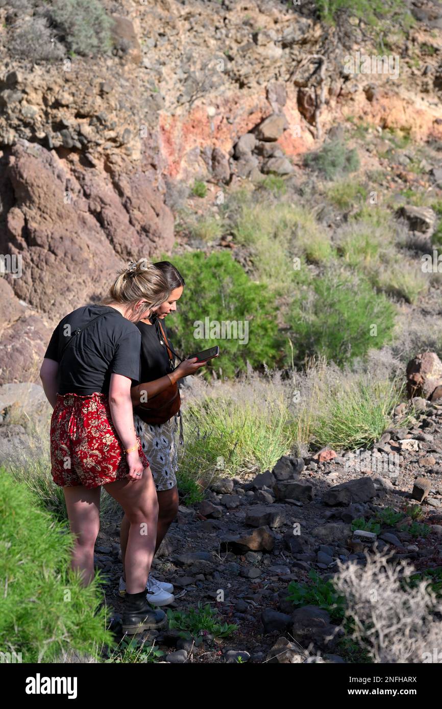 Deux jeunes femmes qui se sont inscrites au téléphone dans un paysage de montagne rocailleux dans la gorge « Barranco de las Vacas », dans les montagnes près d'Aguimes, Gran Canaria Banque D'Images Deux jeunes femmes qui se sont inscrites au téléphone dans un paysage de montagne rocailleux dans la gorge « Barranco de las Vacas », dans les montagnes près d'Aguimes, Gran Canaria Banque D'Images