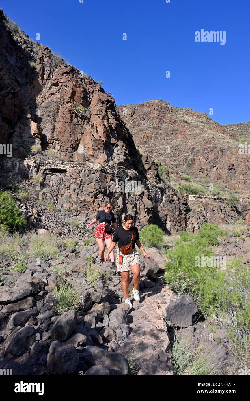 Deux jeunes femmes marchant dans un paysage rocheux accidenté dans la gorge "Barranco de las Vacas", dans les montagnes près d'Aguimes, Gran Canaria Banque D'Images Deux jeunes femmes marchant dans un paysage rocheux accidenté dans la gorge "Barranco de las Vacas", dans les montagnes près d'Aguimes, Gran Canaria Banque D'Images