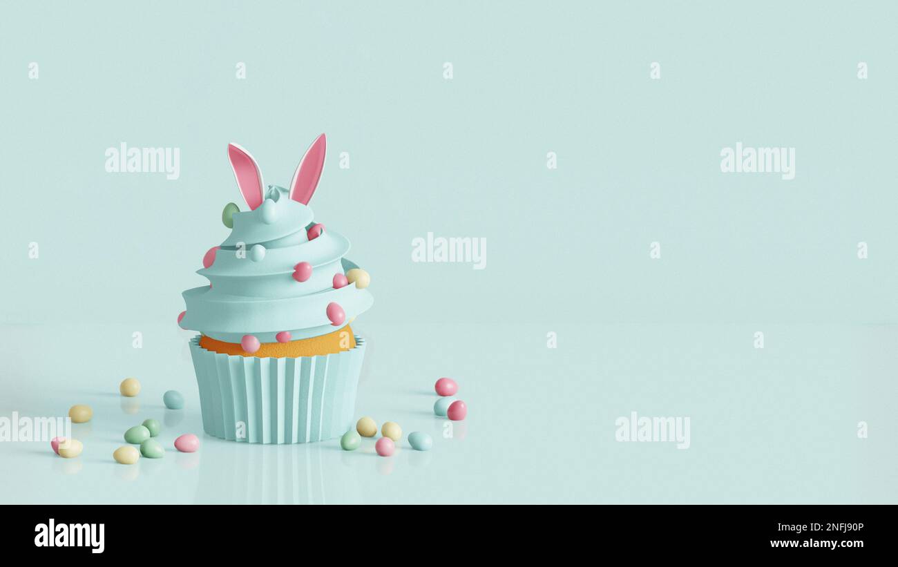 Gâteau de Pâques décoré d'oreilles de lapin et de bonbons aux œufs. 3D rendu Banque D'Images