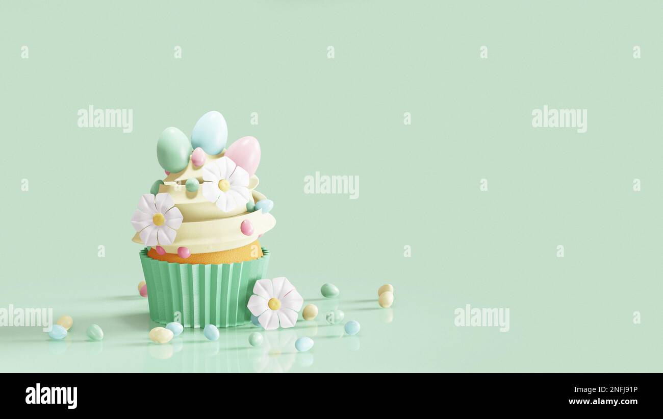 Gâteau de Pâques décoré de chamomiles et de bonbons aux œufs. 3D rendu Banque D'Images