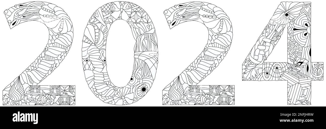 2024 logo de conception de texte à colorier. Modèle de conception affiche typographique 