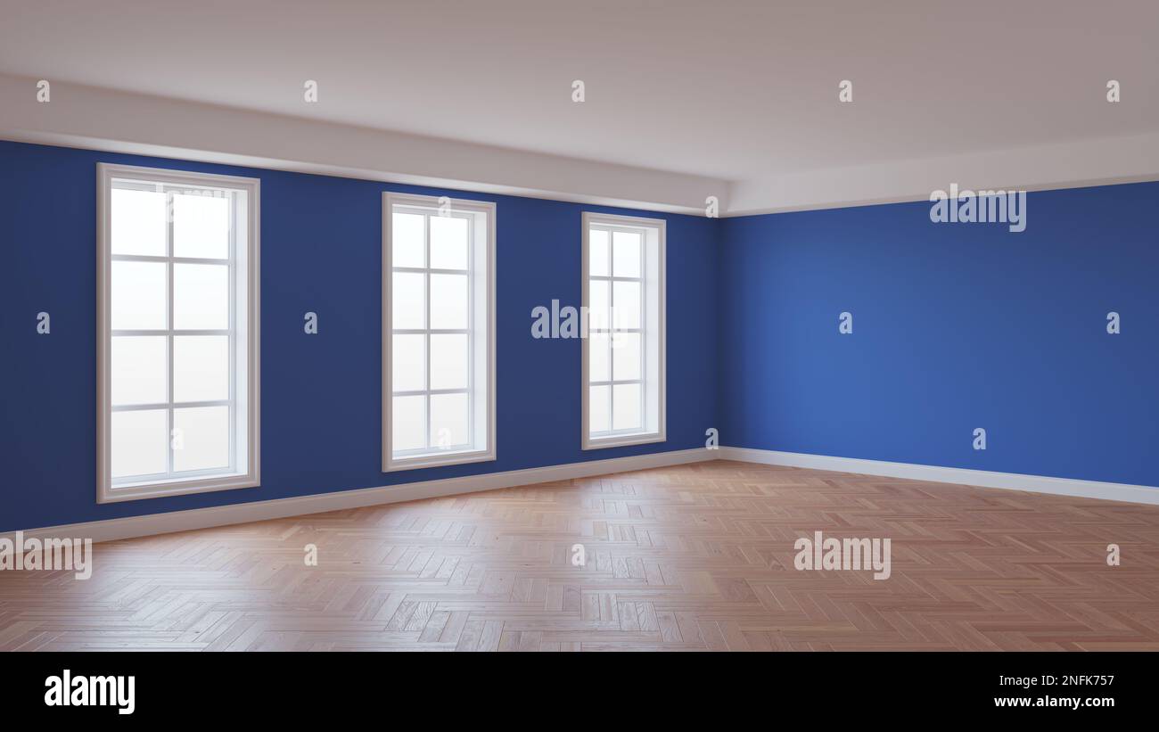 Intérieur vide de la pièce avec murs bleu foncé, trois grandes fenêtres, parquet brillant à chevrons et un pied blanc. Concept de la chambre non meublée. 3D rendu, 8K Ultra HD, 7680 x 4320 Banque D'Images