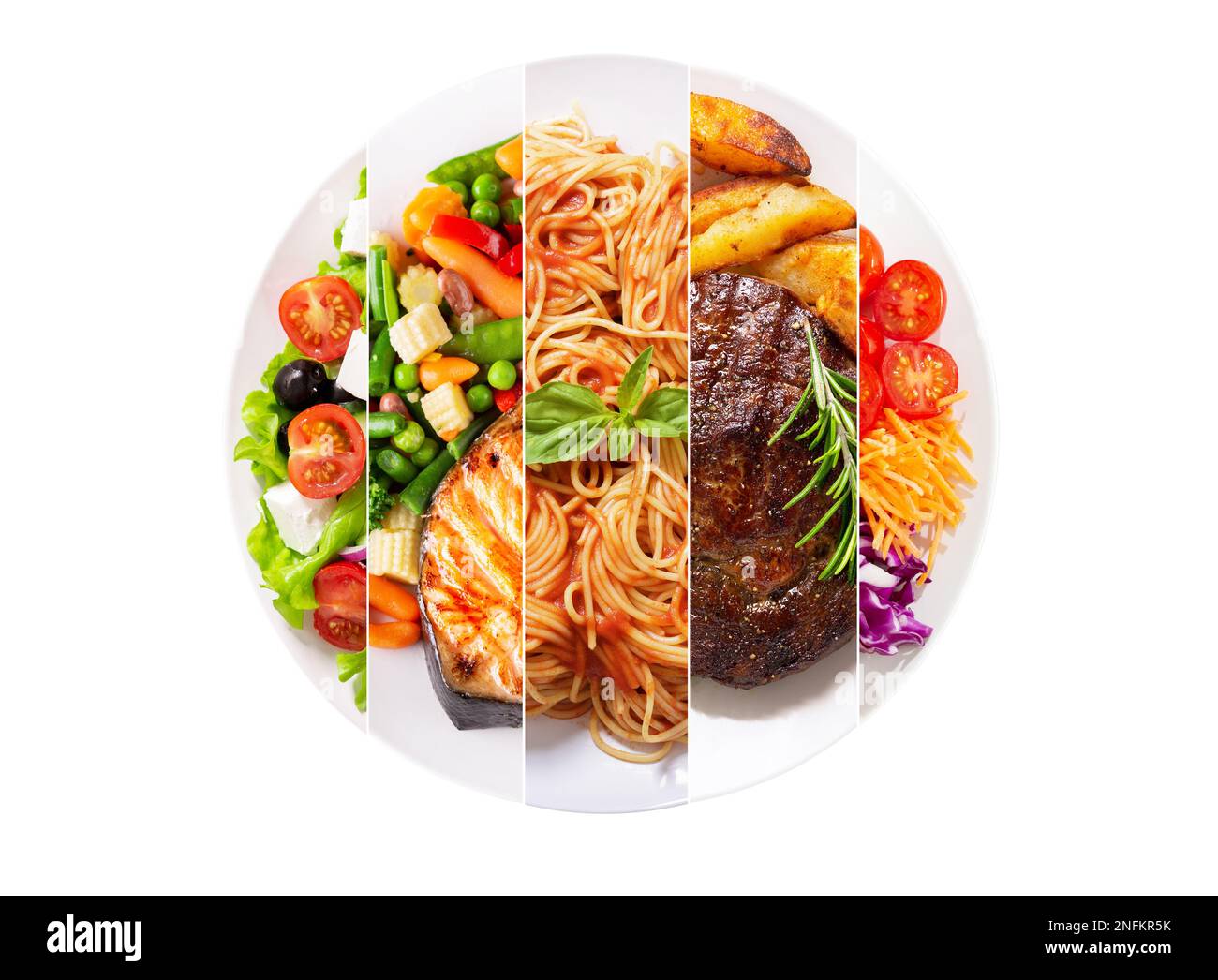 collage alimentaire de divers repas dans une assiette isolée sur fond blanc Banque D'Images