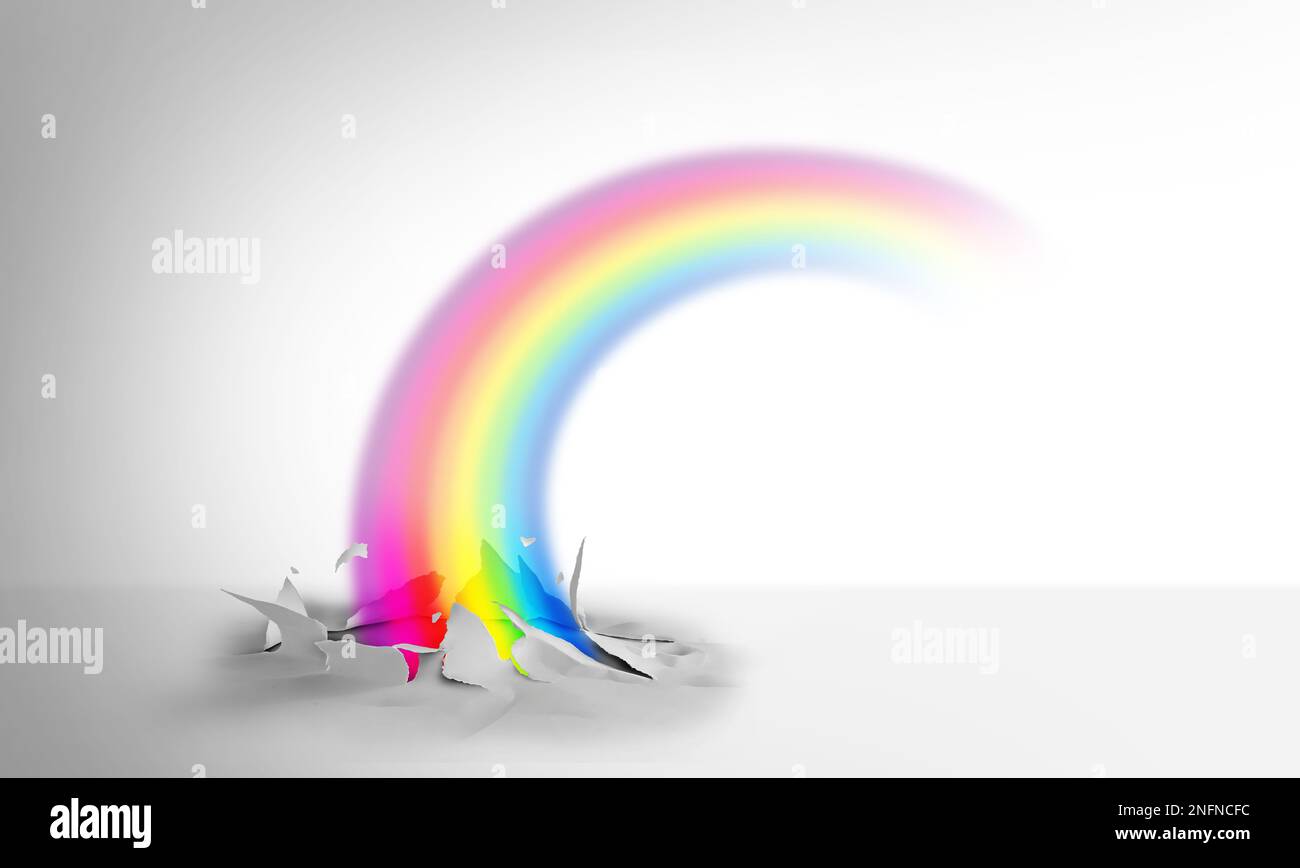 Créativité et espoir sans limites symbole ou inspiration comme une icône pour de nouveaux débuts comme un arc-en-ciel magnifique débordant dans un concept d'émotion positive Banque D'Images
