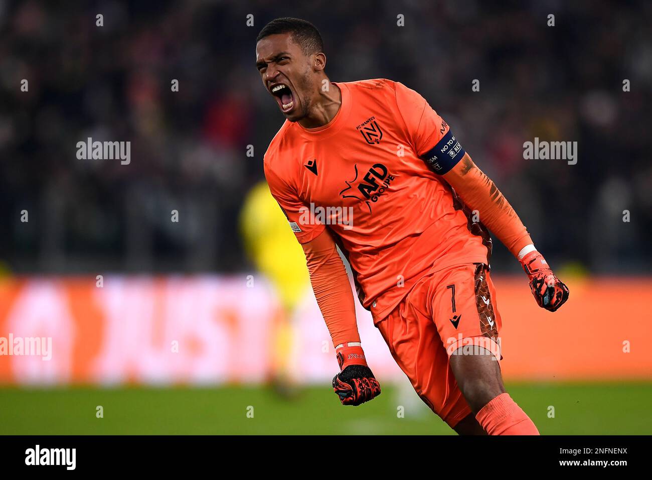 Turin, Italie. 16 février 2023. Alban Lafont du FC Nantes fête lors de l'UEFA Europa League un match de football entre le FC Juventus et le FC Nantes. Credit: Nicolò Campo/Alay Live News Banque D'Images