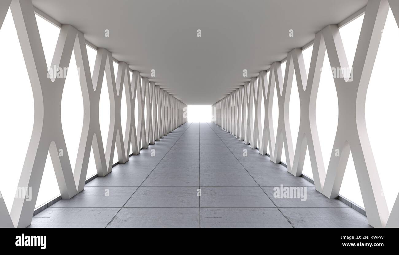 3d rendu. tunnel avec éléments en x latéraux en béton, fond blanc. Banque D'Images