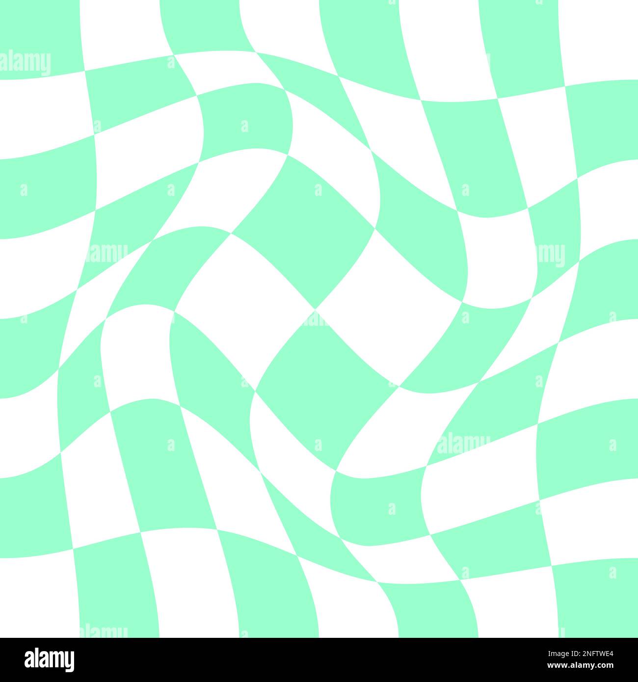 Échiquier déformé avec effet vortex. Illusion optique à carreaux torsadés. Motif psychédélique avec carrés verts et blancs déformés. Étourdi Illustration de Vecteur