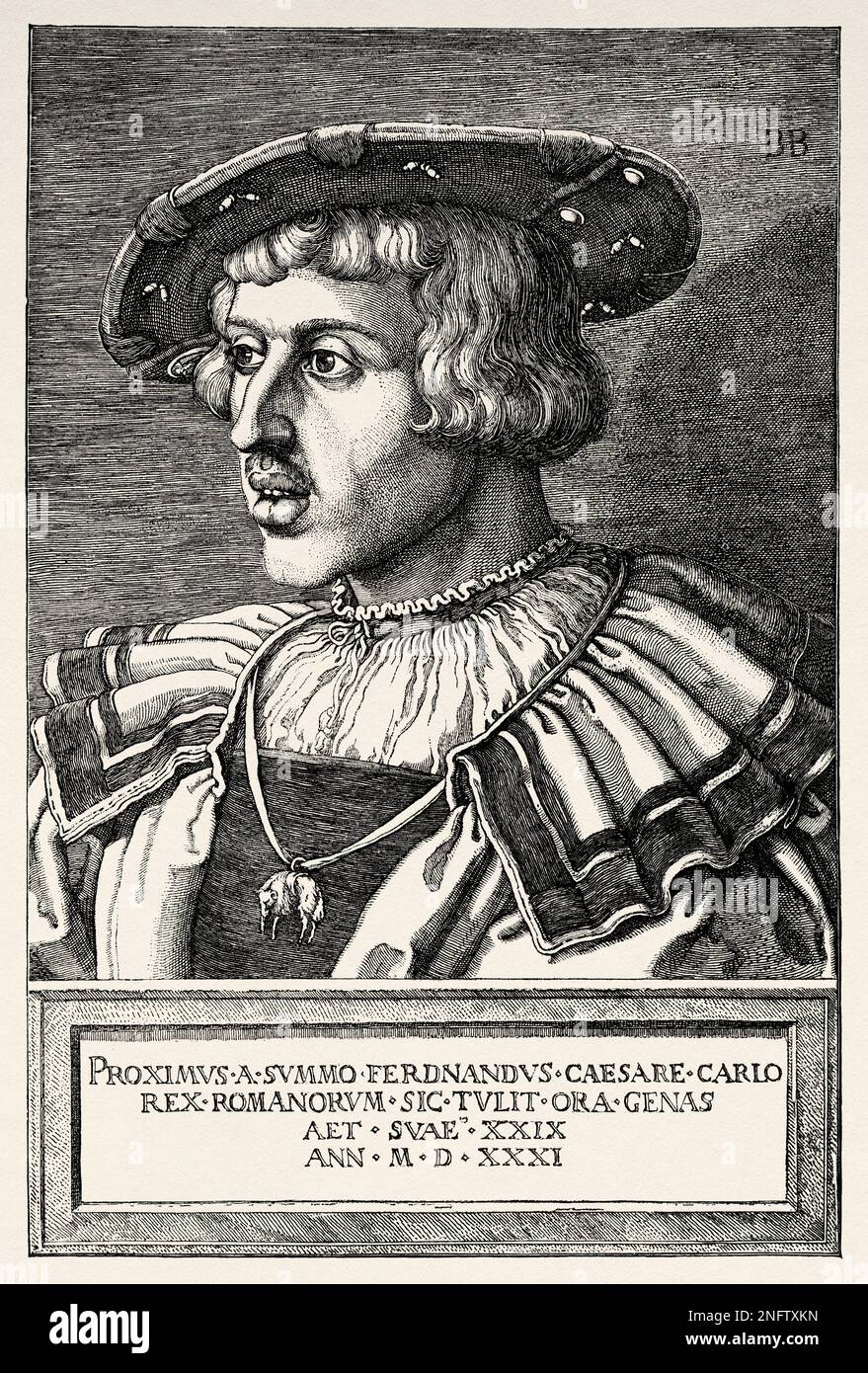 Portrait de Ferdinand I (1503-1564) 31st Saint empereur romain, par Barthel Beham (1502-1540) 1531. Fils de Philippe I de Castille et de la reine Joanna I de Castille, petit-fils de l'empereur Maximilian I et frère cadet du futur empereur Charles V. les arts du Moyen-âge et à la période de la Renaissance par Paul Lacroix, 1874 Banque D'Images