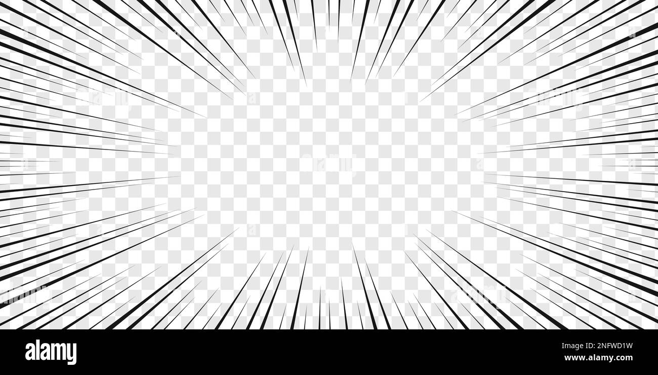 Conception de page de livre de Manga. Modèle de dessin animé ou de dessin animé. Lignes noires à vitesse radiale sur fond transparent. Éclaboussures, explosion, puissance, cri Illustration de Vecteur
