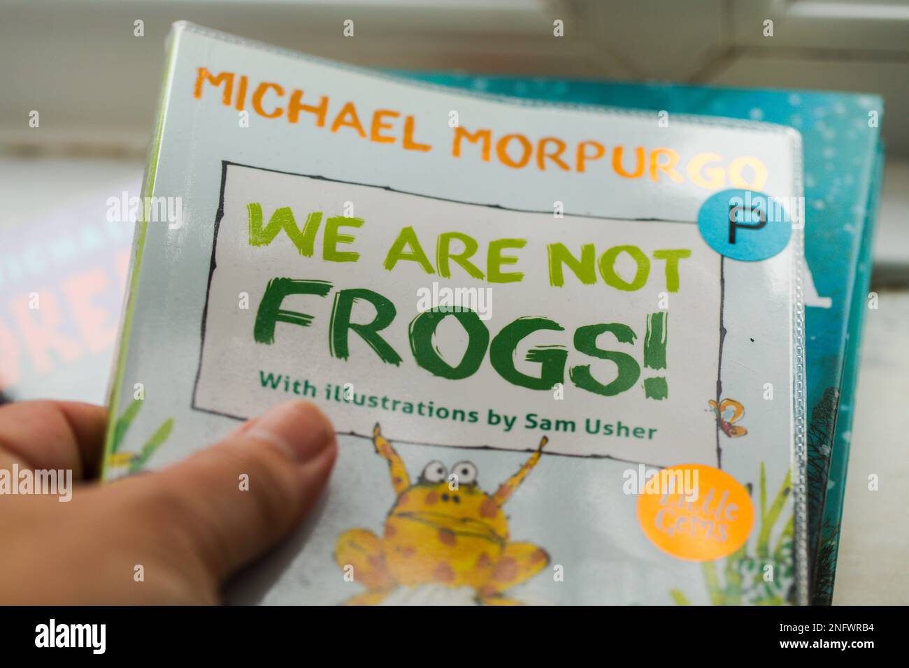 Gros plan détail de la main d'une personne tenant un livre pour enfants , "nous ne sommes pas des grenouilles" par l'auteur Michael Morpurgo Banque D'Images