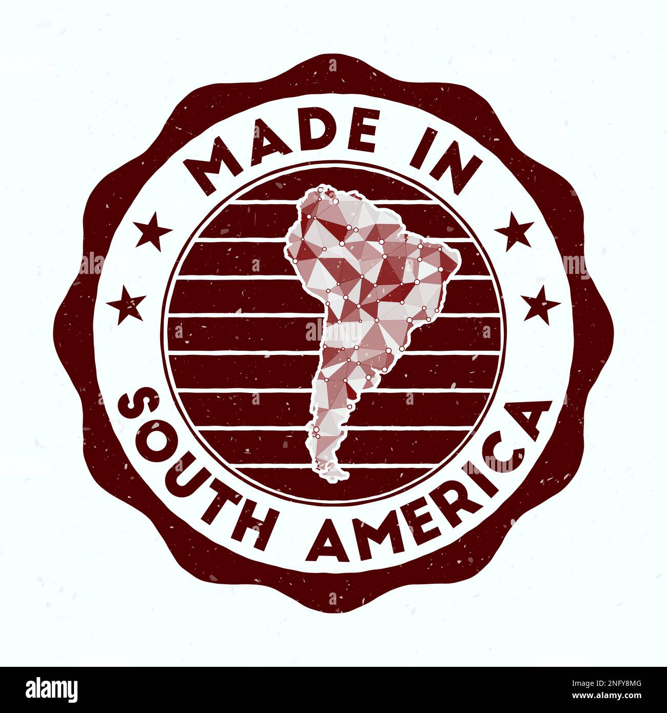 Fabriqué en Amérique du Sud. Tampon rond continent. Sceau d'Amérique du Sud avec forme de bordure. Badge vintage avec texte circulaire et étoiles. Illustration de Vecteur