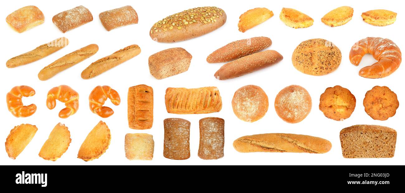 Grand ensemble de produits à base de pain frais isolés sur fond blanc. Banque D'Images