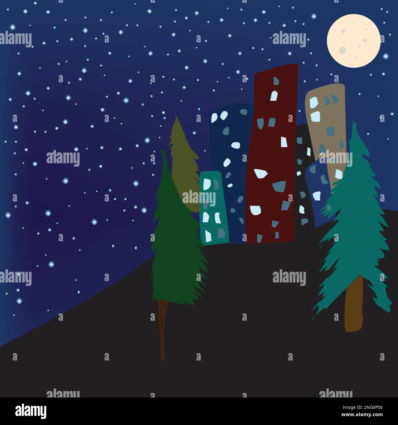 Illustration de la ville dans la nuit avec ciel plein d'étoiles ; vector illustration Illustration de Vecteur