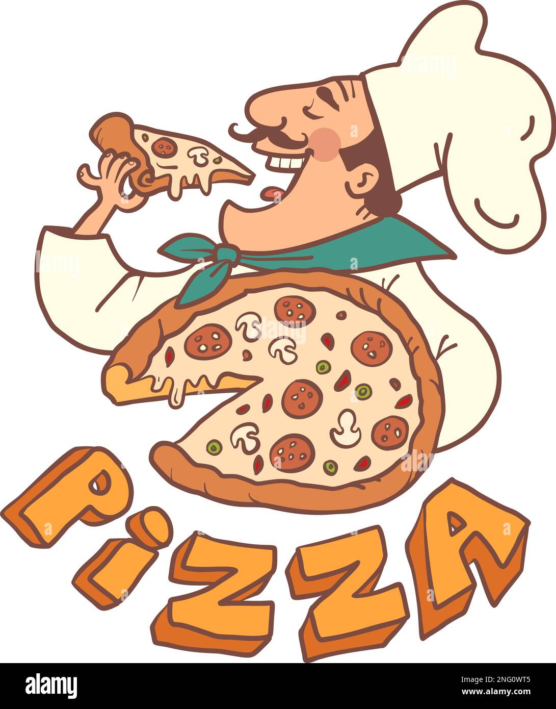 Un homme dans un chapeau et un uniforme de chef est tenue et de manger de la pizza. Restaurant italien. Livraison de la nourriture la plus délicieuse et fraîche. Produit Illustration de Vecteur