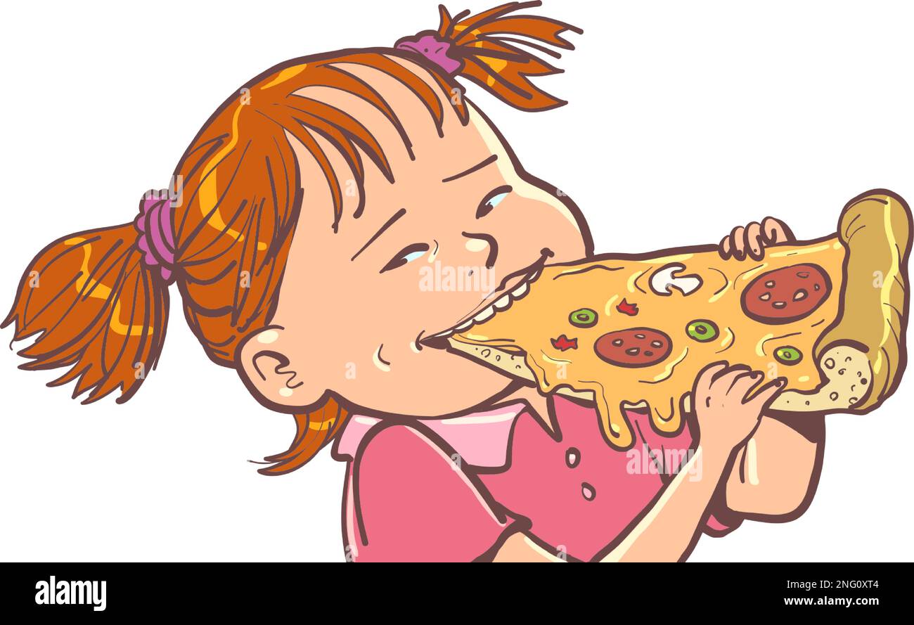 Une fille aux cheveux rouges mange une délicieuse pizza. Service de livraison rapide de nourriture. Mauvaises habitudes, problèmes de santé et éducation. Illustration de Vecteur