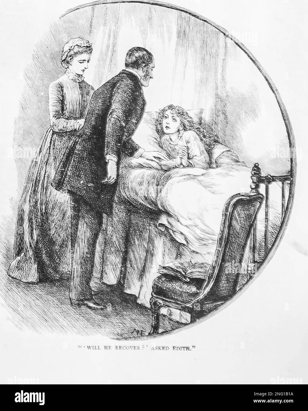 Un croquis datant de 19th ans d’un médecin qui examine un jeune garçon au lit alors que la mère du garçon se demande avec inquiétude si l’enfant se rétablira Banque D'Images