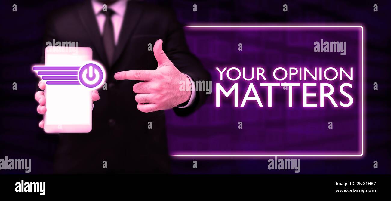 Affiche affichant votre opinion compte. Présentation de l'entreprise pour avoir votre mot à dire et fournir une contribution précieuse à améliorer Banque D'Images